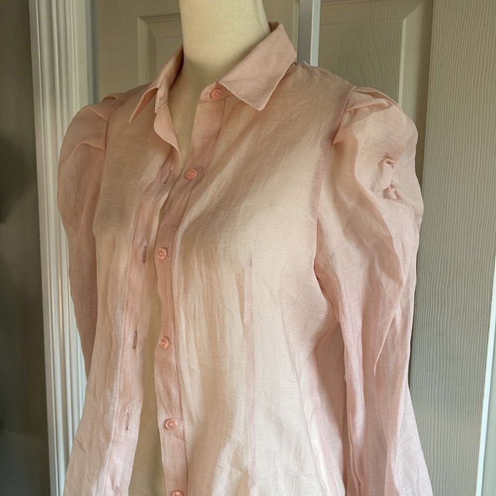 Mello Pink Semi-Sheer Puff Sleeve Button Down Blouse Size S NWT - Picture 3 of 10